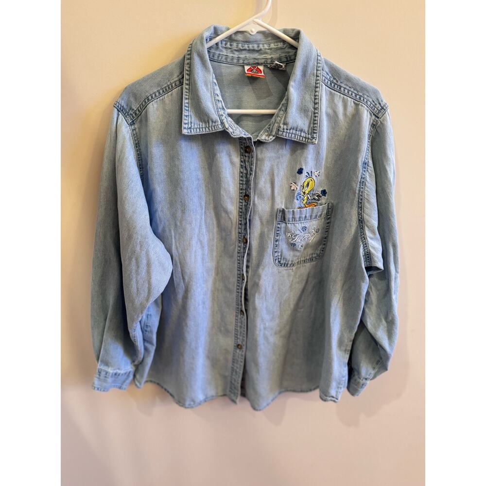 VTG Tweety Bird 1999 Women's Denim Shirt 22-24 Cotton Looney Tunes Cottage Y2K